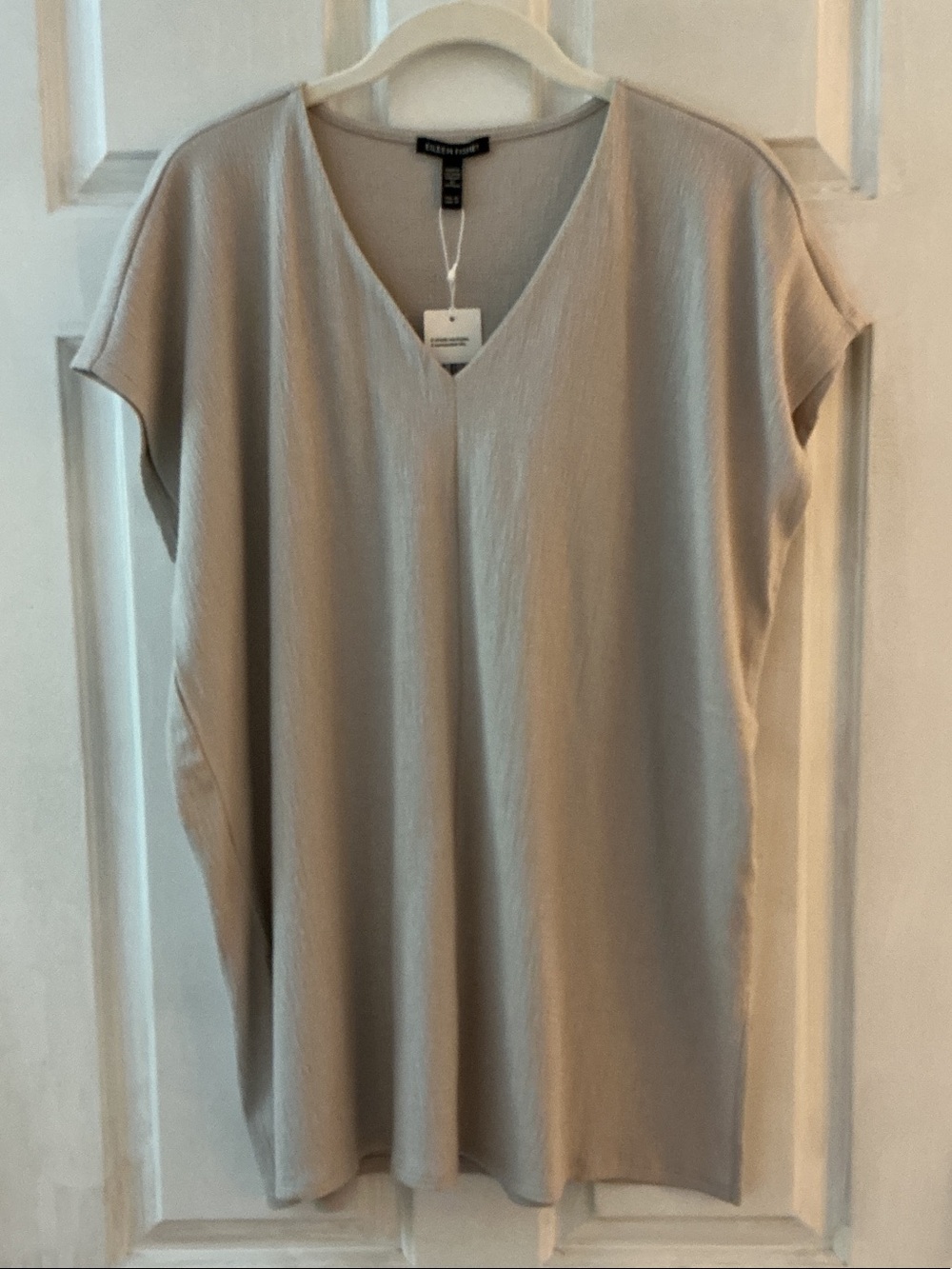 Eileen Fisher Chalk Crinkled Organic Cotton Blend Jersey V-neck Tunic Top NWT XS